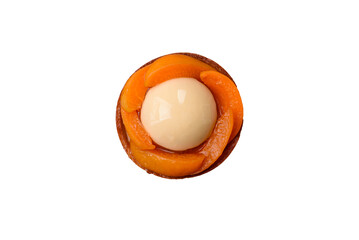 Pie, sweet round tart with apricot pieces, cream and nuts. Sweet tart with peach