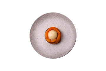 Pie, sweet round tart with apricot pieces, cream and nuts. Sweet tart with peach