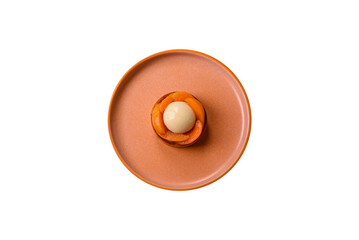 Pie, sweet round tart with apricot pieces, cream and nuts. Sweet tart with peach