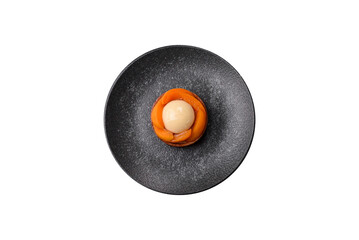 Pie, sweet round tart with apricot pieces, cream and nuts. Sweet tart with peach