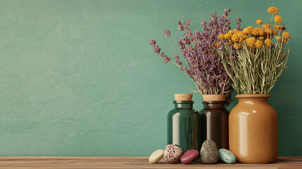 Herbal Remedies Displayed on a Wooden Table with Bottles and Flowers