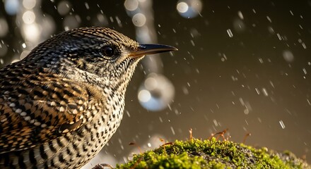 Detailed Bird Portrait in Rain with Mossy Perch, Capturing Nature's Intricate Beauty and Serenity.
