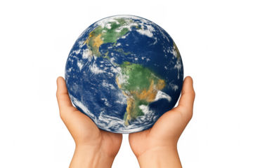 Two hands holding earth globe with transparent background