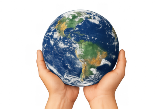 Two hands holding earth globe with transparent background