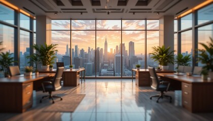 Modern office with panoramic city skyline view at sunset, featuring wooden desks, ergonomic chairs, and lush indoor plants in a bright, open workspace