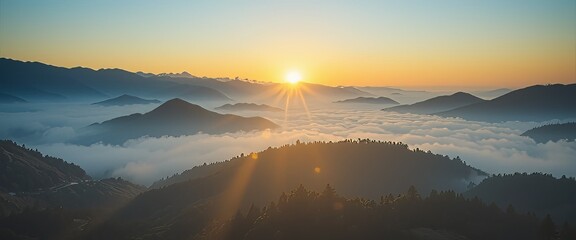 Golden sunrise over misty mountains, soft warm light, ultra high resolution, minimal composition, perfect for desktop wallpape