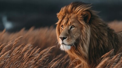 Naklejka premium Majestic male lion with a full mane in a dry grass field, gazing intently to the side, embodying power and wildness