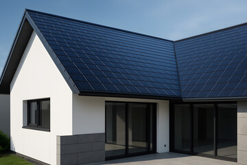 Fototapeta premium Modern Residence Architecture: A pristine, contemporary dwelling, showcasing innovative architectural design with clean lines, solar panels.