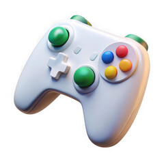 A white video game controller with green blue red and yellow buttons on a black background gaming isolated on a transparent background