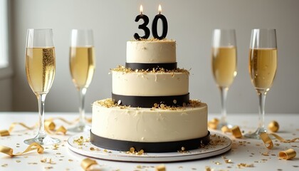 Elegant three-tier cake adorned with lit 30 candles and golden sparkles. Flutes filled with champagne and scattered ribbons create a festive atmosphere for a milestone 30th birthday celebration.