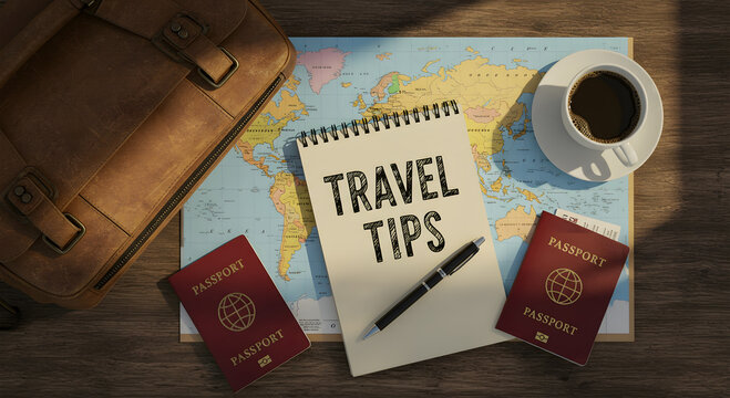 Travel planning essentials Passports, map, and travel tips stock image