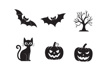 Set of black Halloween silhouette icons with flying bats, spooky tree, black cat, and jack-o-lantern pumpkins isolated on a white background.