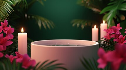 Tranquil Herbal Bath with Flowers and Candles in Serene Setting