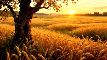 Golden wheat field at sunset with a tree in the foreground, creating a serene scene