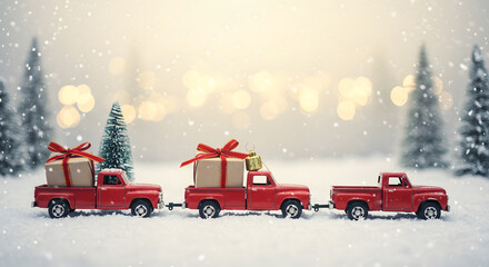 Christmas toy trucks carrying gifts in a snowy landscape stock image
