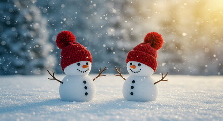 Two Snowmen in Red Hats stock image