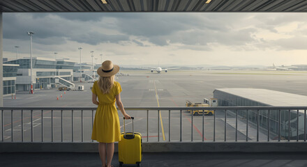 Woman at Airport Watching Airplane Takeoff stock image