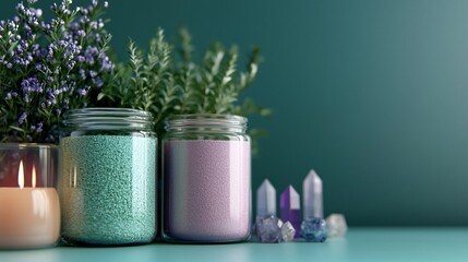 Healing Herbs in Glass Jars with Candles and Crystals Display