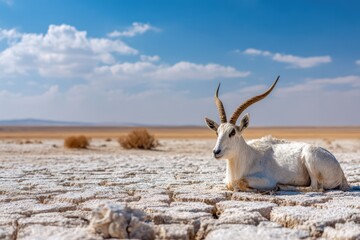 addax resting on dry cracked earth in open desert