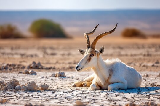 addax resting on dry cracked earth in open desert - Powered by Adobe