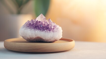 Healing Crystal on Wooden Plate for Body Relaxation and Harmony