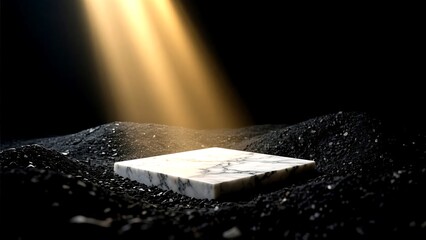 Marble podium illuminated by golden spotlight on dark background for product display