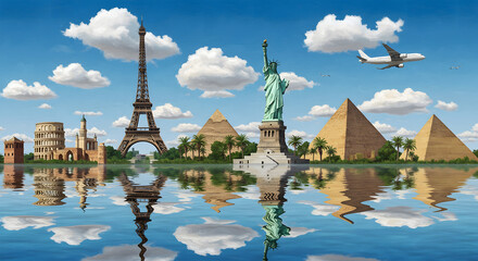 Global Landmarks Reflection with Airplane and Clouds stock image