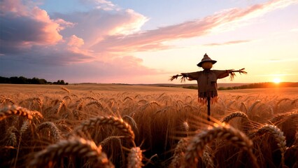 Scarecrow standing in a wheat field at sunset, under a colorful sky in the countryside