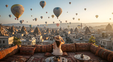 Woman enjoying a breathtaking view of hot air balloons over Cappadocia stock image