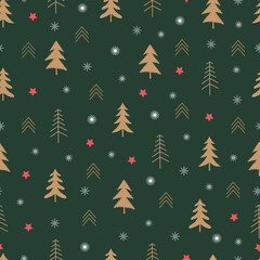 Christmas tree vector seamless pattern. Holly jolly Xmas surface design of pine trees, stars and snowflakes on deep green background