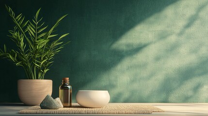 Tranquil Yoga Space with Natural Healing Props and Greenery