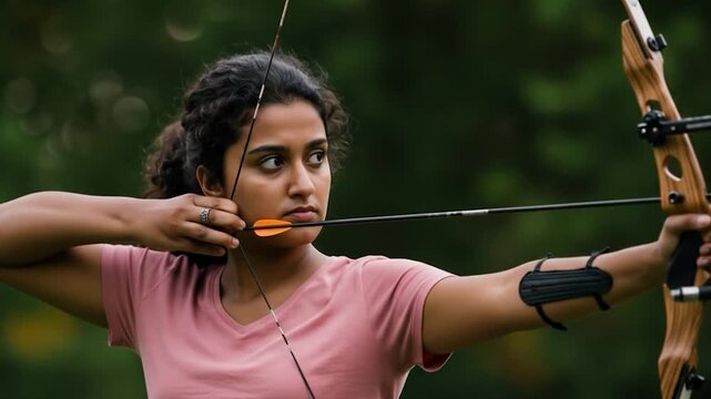 Woman practicing archery with bow and arrow in natural outdoor setting for sport and recreation