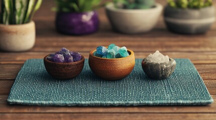 Crystals and Dried Herbs on Meditation Mat for Spiritual Practice
