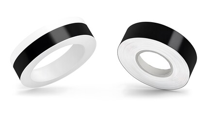 Two rolls of tape with black bands and white cores