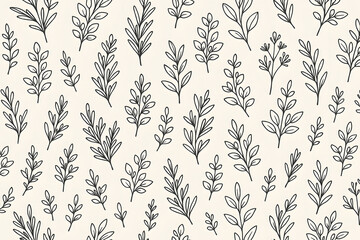 Fototapeta premium Floral Elegance: A sophisticated botanical pattern of hand-drawn leaves and stems creates a timeless and graceful design. 
