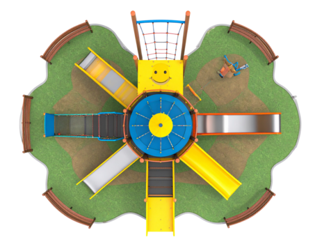 Top Down Illustration of Children’s Playground with Slide Swing and Climbing Frame Smiling Sun Decoration Isolated on Transparent Background PNG