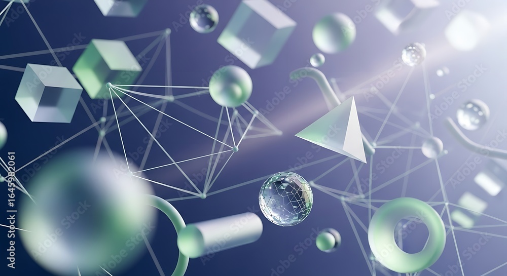Poster abstract geometric shapes floating with interconnected lines on a blue gradient background