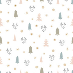 Christmas tree, reindeers, snowflakes vector seamless pattern. Holly jolly Xmas surface design on white background