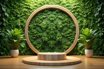 A circular wooden frame and pedestal set against a lush green wall of plants, creating a natural and modern display backdrop for products