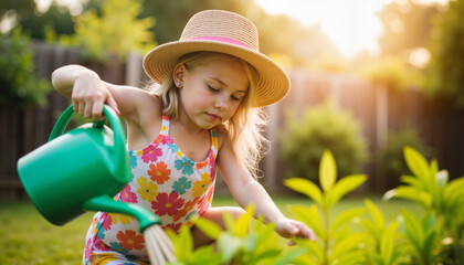 Young girl watering plants in garden during sunny summer afternoon