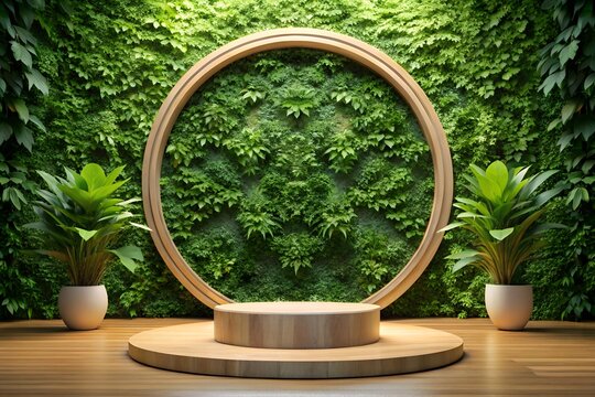 A circular wooden frame and pedestal set against a lush green wall of plants, creating a natural and modern display backdrop for products