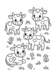 Obraz premium An idyllic rural landscape with many cows grazing in a green field under a clear blue sky. Perfect for teaching children about farm animals through creative colouring.
