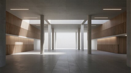 Obraz premium A minimalist concrete interior space with large skylights, open layout, and wooden paneling, creating a bright and airy atmosphere.