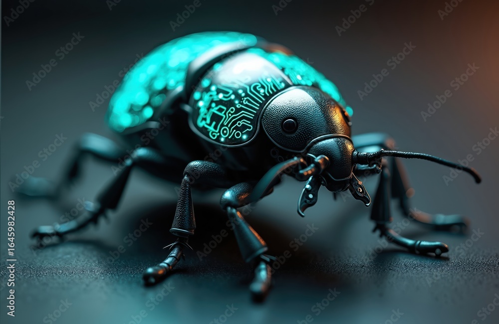 Poster futuristic robotic bug with glowing cyan electronic circuitry design, close-up macro view. intricate