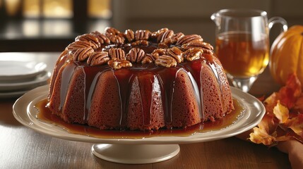Moist Bundt Cake with Pecan Topping and Caramel Sauce on Table