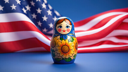 Russian nesting doll, American flag background, cultural contrast, international relations, political meeting, East West dialogue, diplomacy concept, national identity, traditional art, geopolitical s
