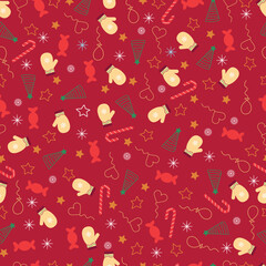 Merry Christmas vector seamless pattern. Holly jolly Xmas surface design of mittens, candy canes, candies, balloons, stars and snowflakes on red background