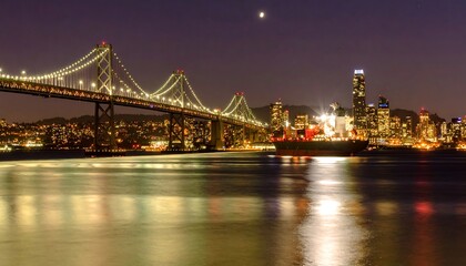 Obraz premium Golden Night Lights Reflect on San Francisco Bay Bridge
