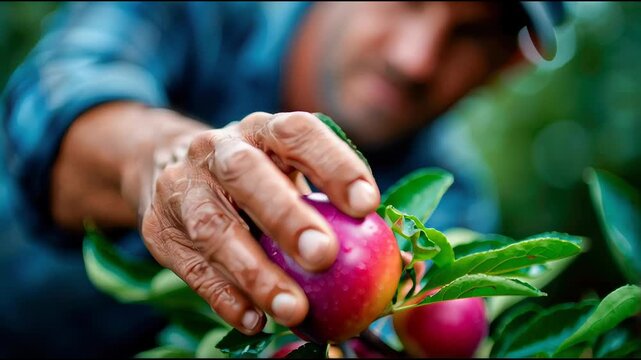 Farmer handpicking a ripe red apple in an orchard