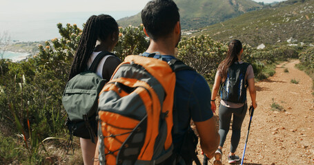 Friends, group and hiking in nature with backpack for travel, holiday or people walk on vacation....